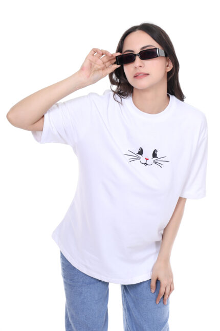 Limehat Cute Cat Face White Oversized T-Shirt