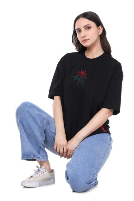Limehat Red Rose Graphic Black Oversized T-Shirt