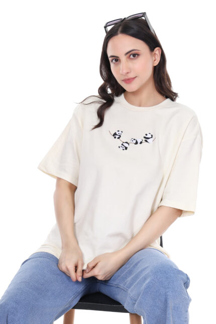 Limehat Panda Graphic Beige Oversized T-Shirt
