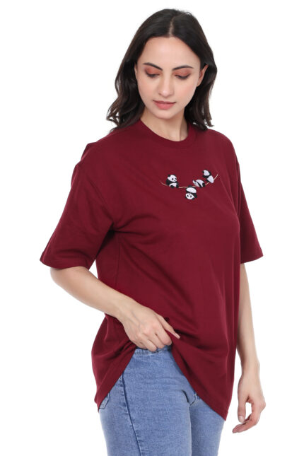 Limehat Panda Graphic Maroon Oversized T-Shirt